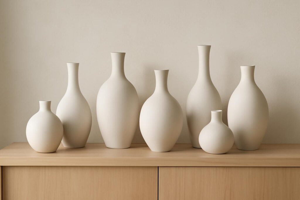 découvrez une idée élégante de composition avec plusieurs vases blancs de tailles variées disposés sur un buffet, pour apporter style et harmonie à votre décoration intérieure.