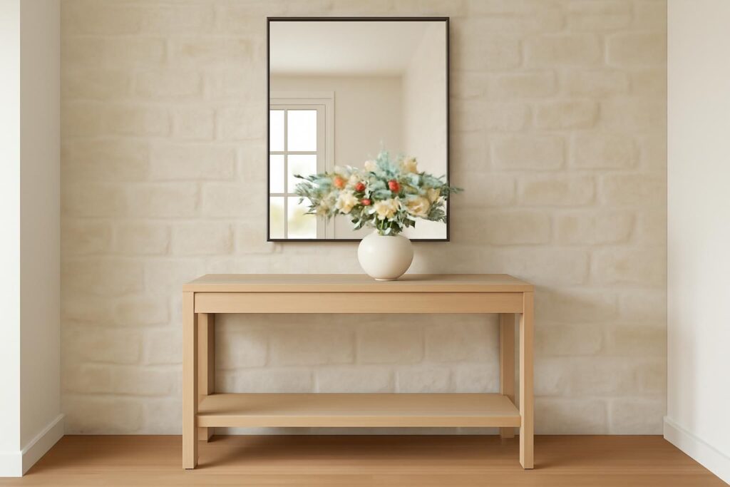 Idée déco avec un vase sur une console d’entrée et un miroir