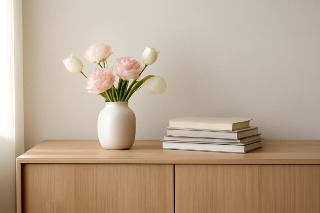 Comment décorer un meuble bas avec un vase et quelques livres